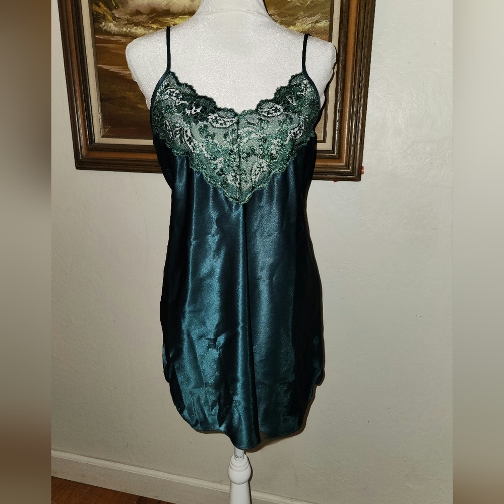 Vintage 1980s Green V-neck Slip Dress Sheer Lace Bust by Alexandra Nicole